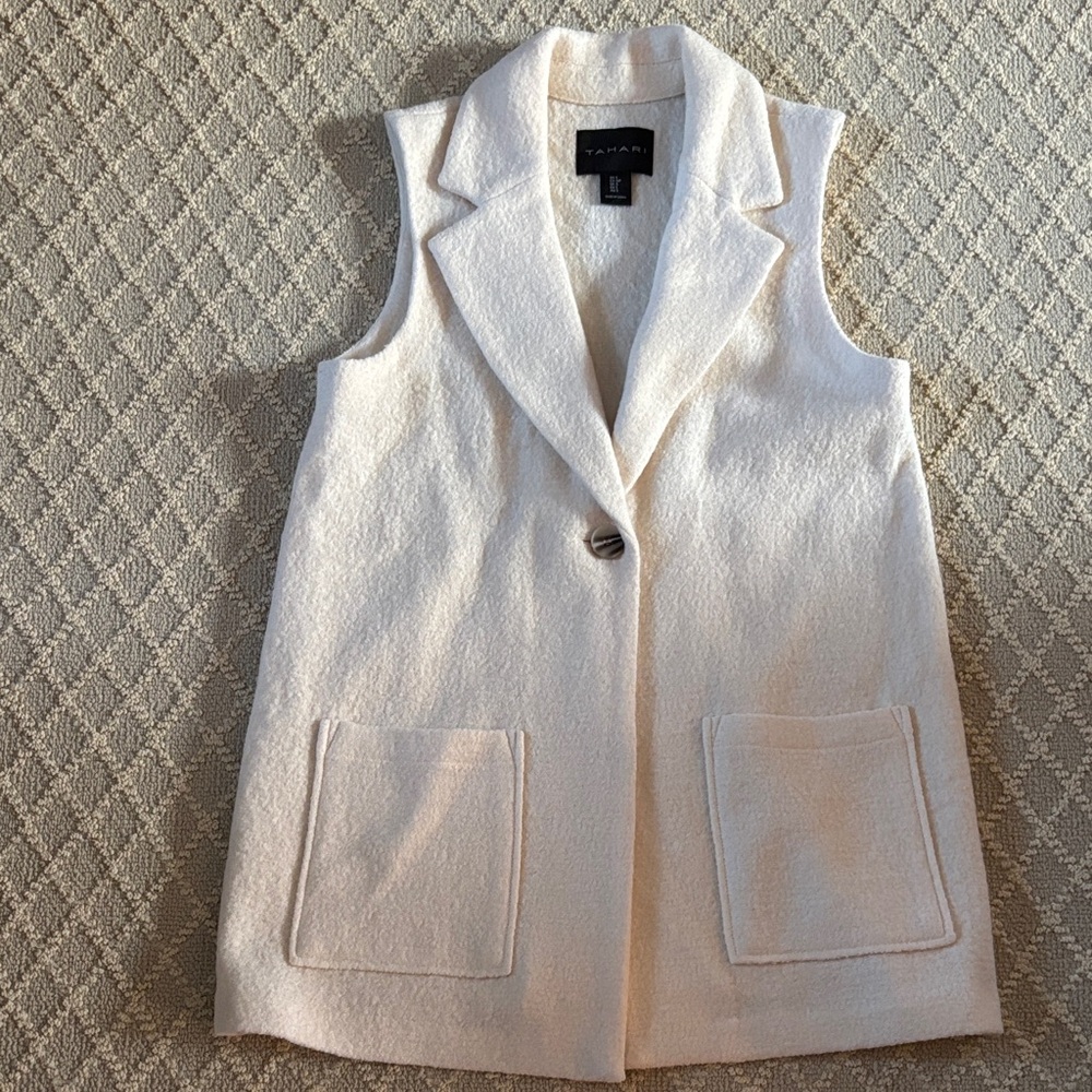 Tahari Cream Sleeveless Wool-Blend Long Vest